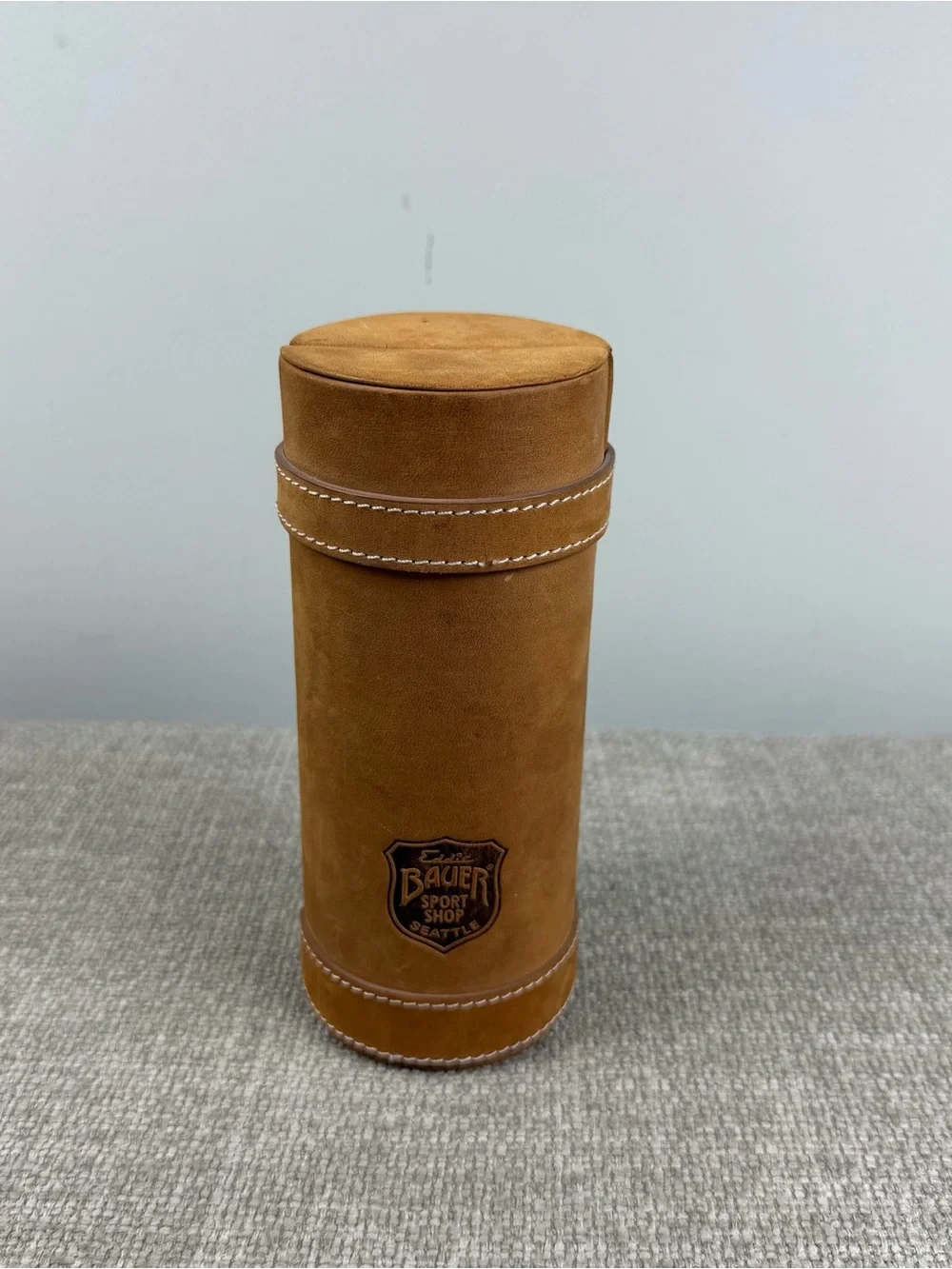 EDDIE BAUER Sport Shop Tan Leather Travel Bar Flask Cup Set Vintage Camping